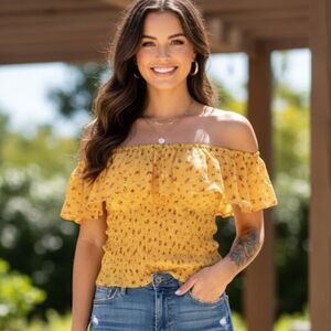 Hollister Yellow Off-the-Shoulder Floral Smocked Top Women’s XS